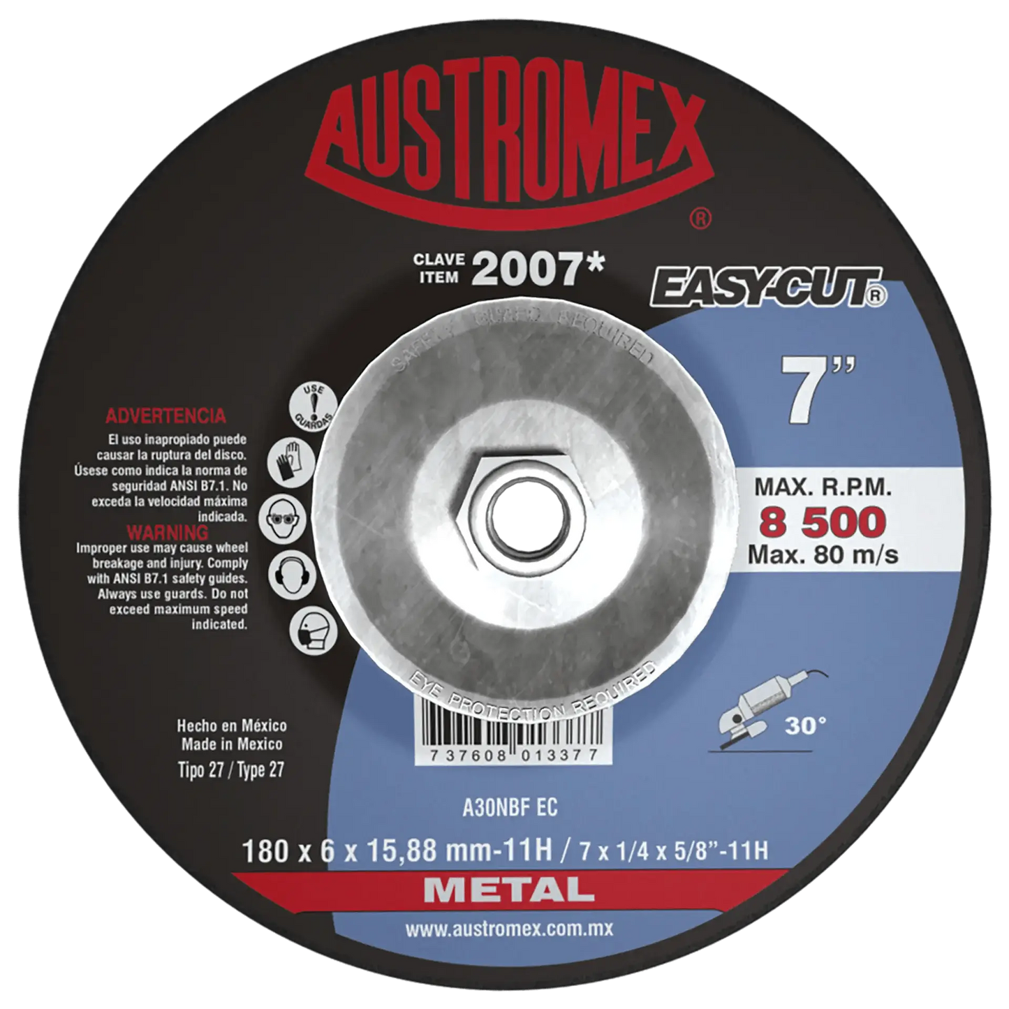 Disco abrasivo de 180 x 6 x 15.8 mm-11H con adaptador, para desbaste de metal AUSTROMEX