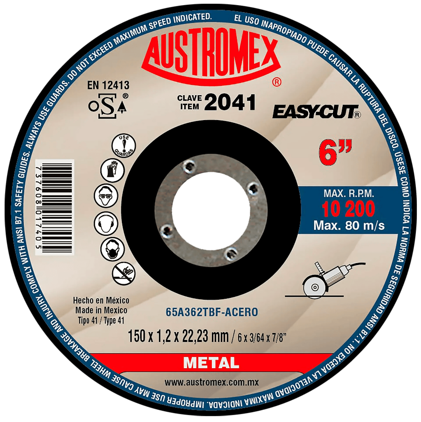 Disco abrasivo para corte de metal de 150 x 1.2 x 22.23 mm AUSTROMEX