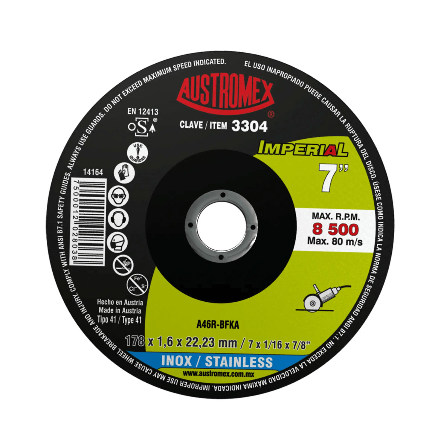 Disco abrasivo para corte de acero inoxidable de 178 x 1.6 x 22.23 mm AUSTROMEX