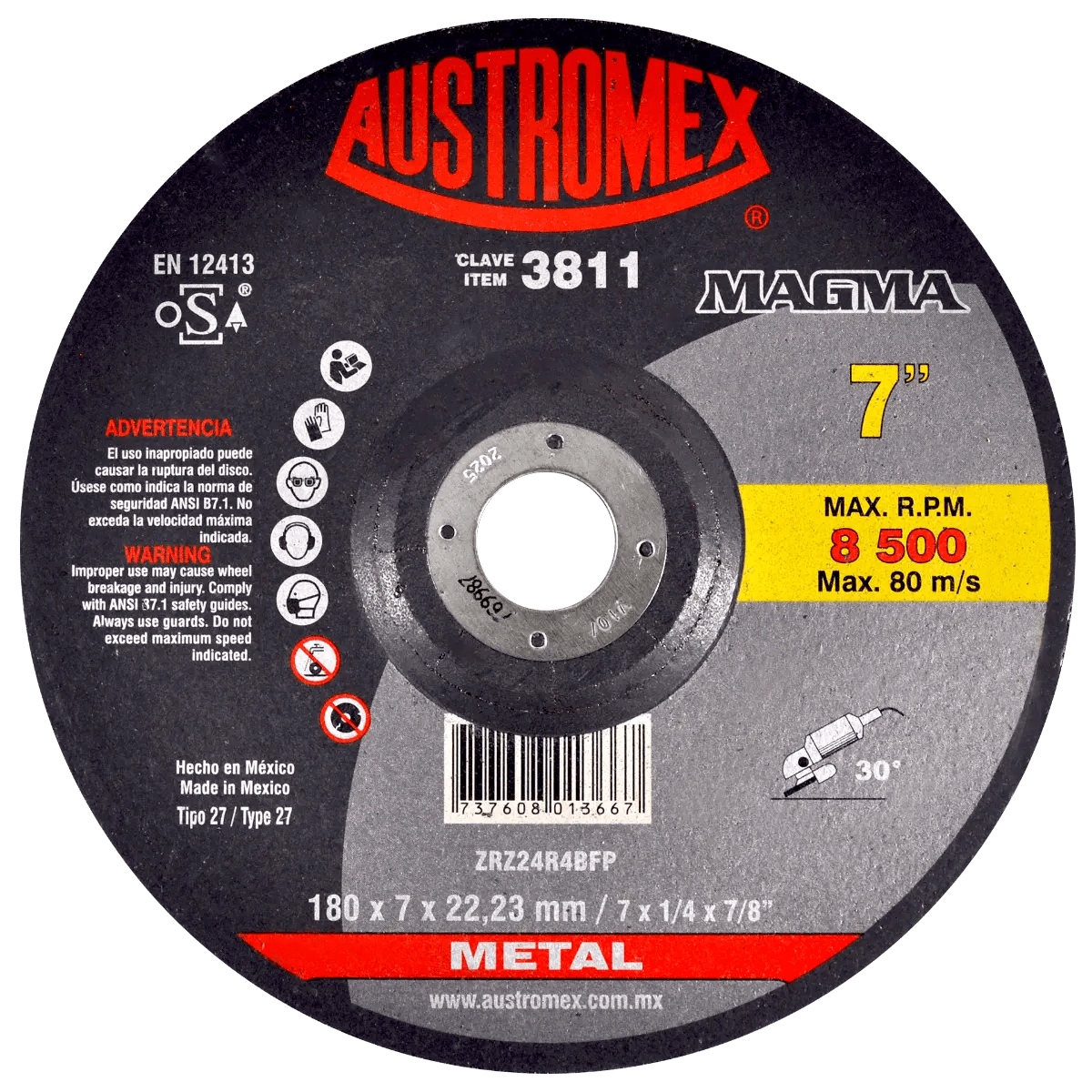 Disco abrasivo para desbaste de acero, fundici¢n y soldadura de 180 x 7 x 22.23 mm AUSTROMEX