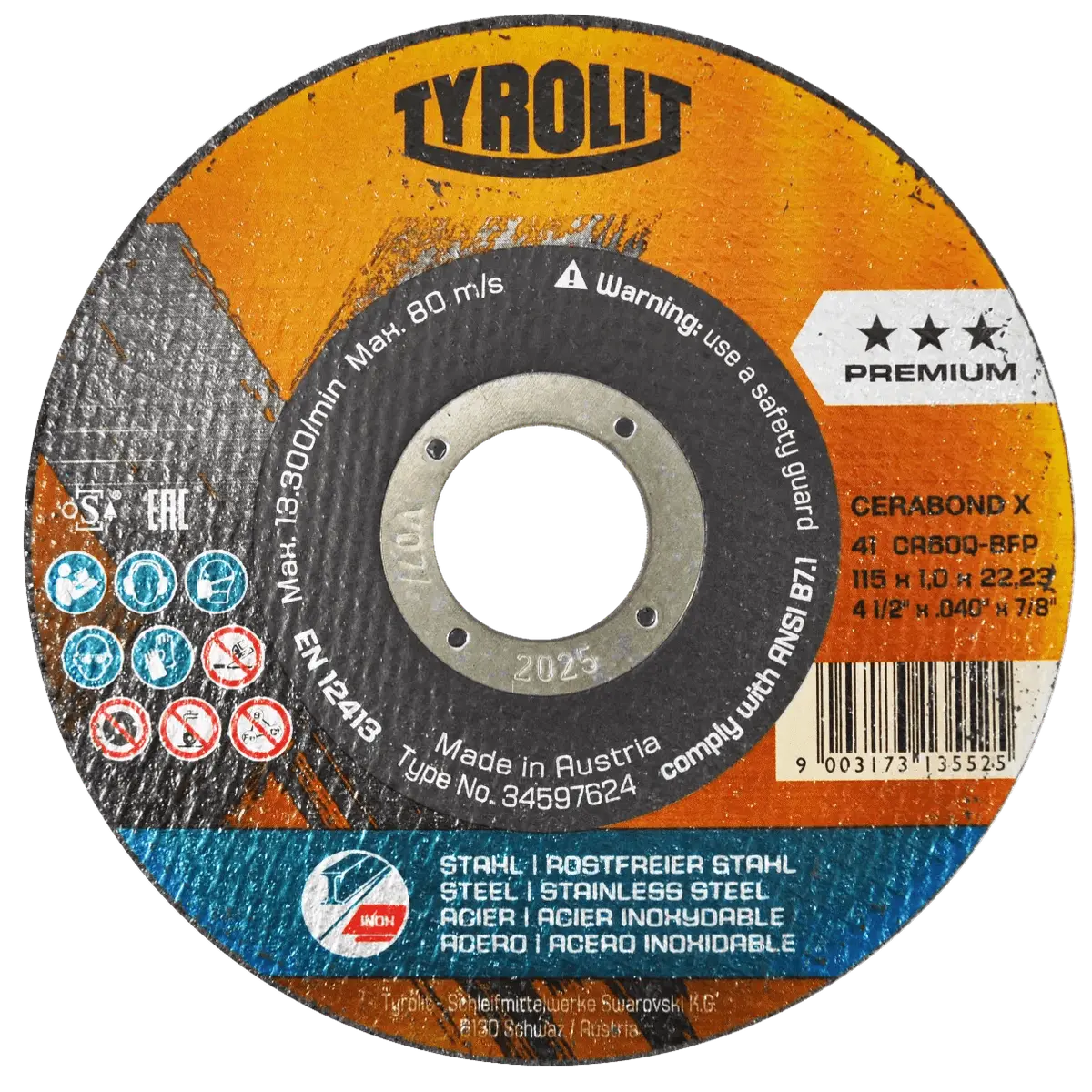 Disco abrasivo para corte de acero al carbon y acero inoxidable de 115 x 1.0 x 22.23 mm AUSTROMEX