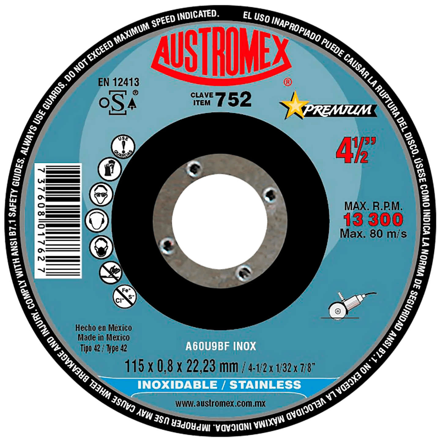 Disco abrasivo para corte de acero inoxidable de 115 x 0.8 x 22.23 mm AUSTROMEX