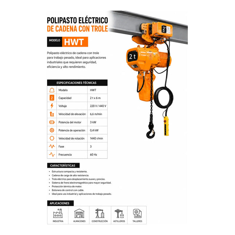 Polipasto Electrico De Cadena Con Trole 2t/6m 220/440v 3f Naranja 1