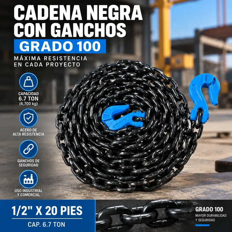 Cadena Negra Con Ganchos 1/2 X 20 Pies Grado 100 Cap. 6.7t Negro