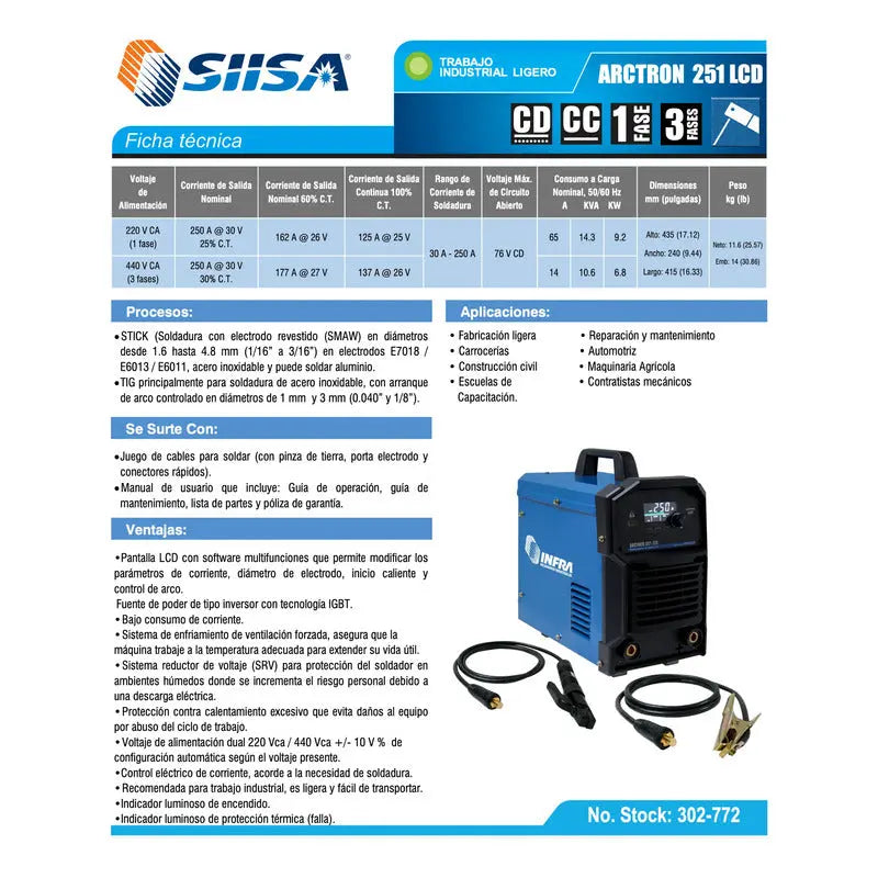 Soldadora Inverter Infra Arctron 251 Lcd 30-250amp 50-60hz Azul Acero INFRA