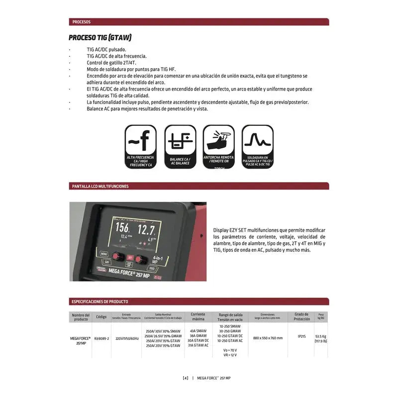 Maquina Para Soldar Multiprocesos Mega Force 257 Mp 220v Rojo LINCOLN ELECTRIC