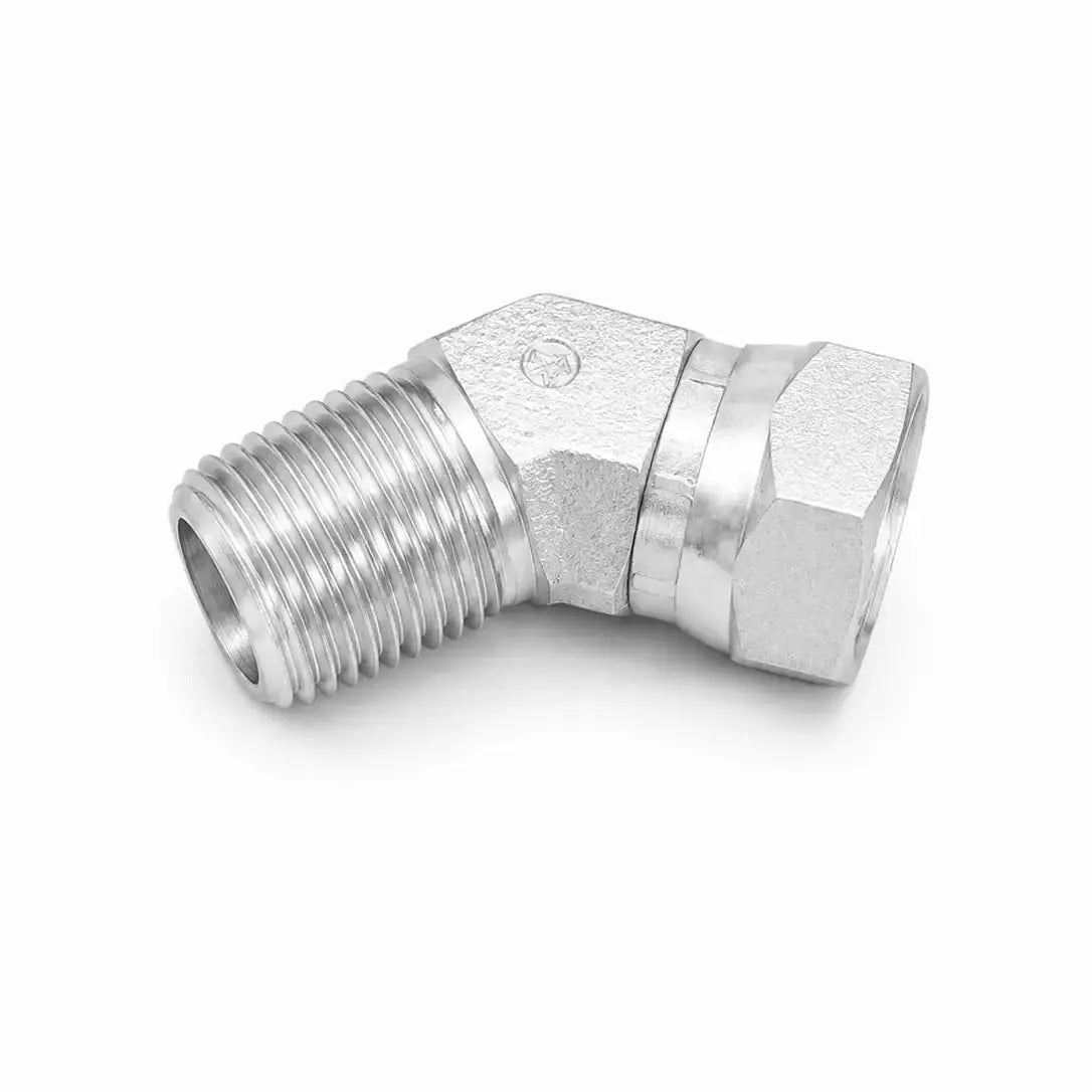 Codo 45° NPT Macho 1/4" x NPSM Hembra Giratoria 1/4" Hidráulico RLC