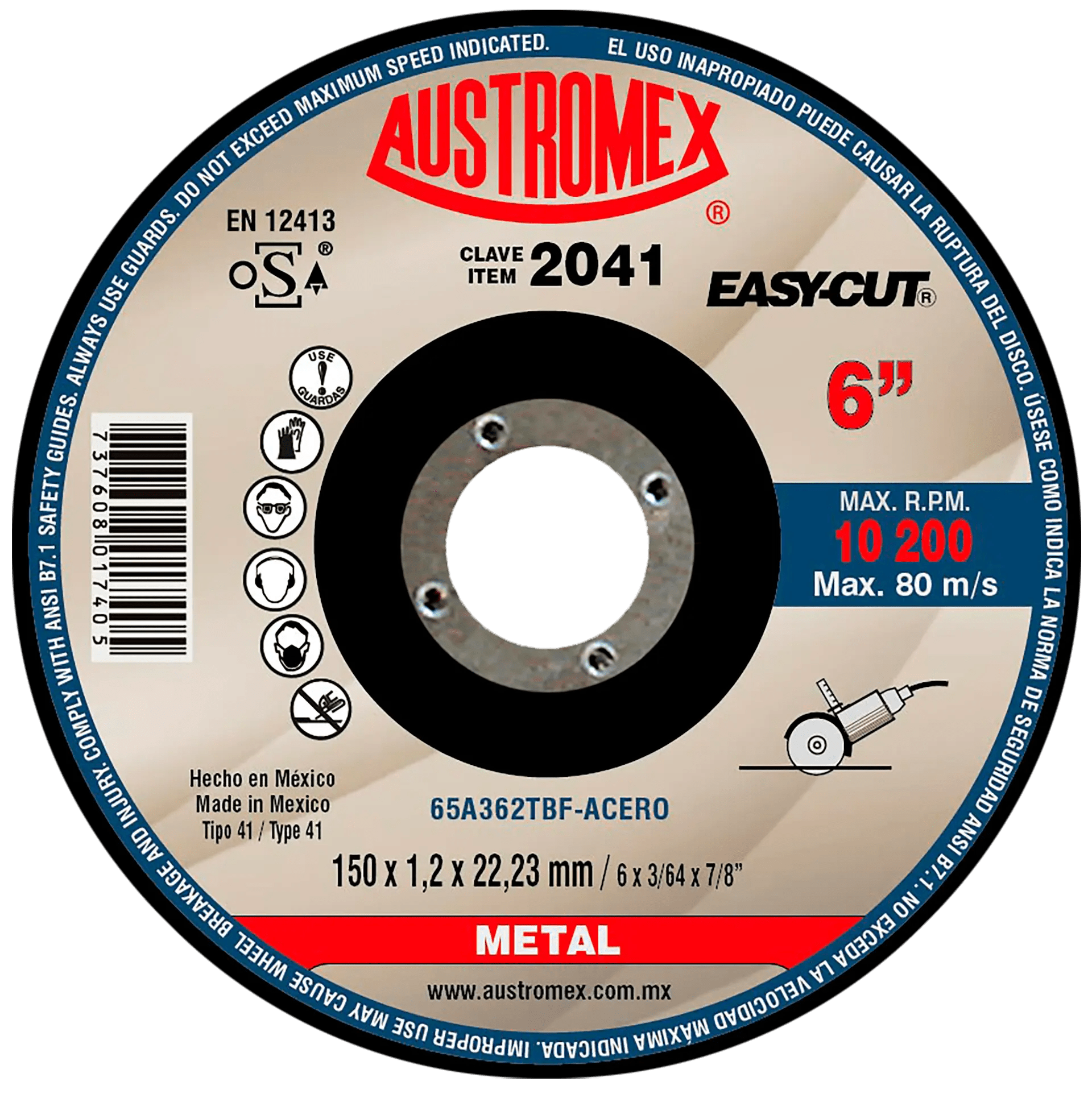 Disco abrasivo para corte de metal de 150 x 1.2 x 22.23 mm AUSTROMEX
