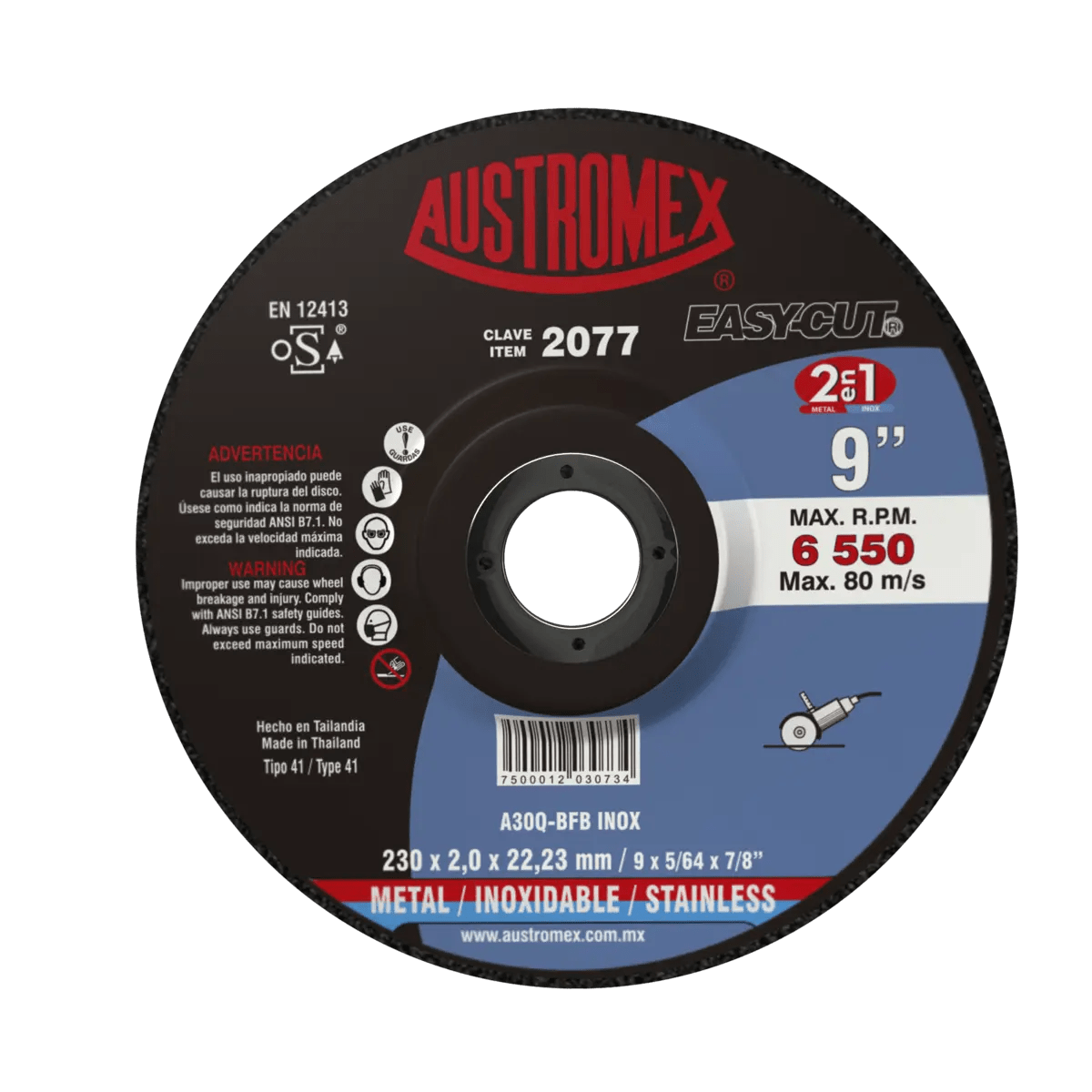 Disco abrasivo para corte de acero al carb¢n y acero inoxidable de 230 x 2.0 x 22.23 mm AUSTROMEX
