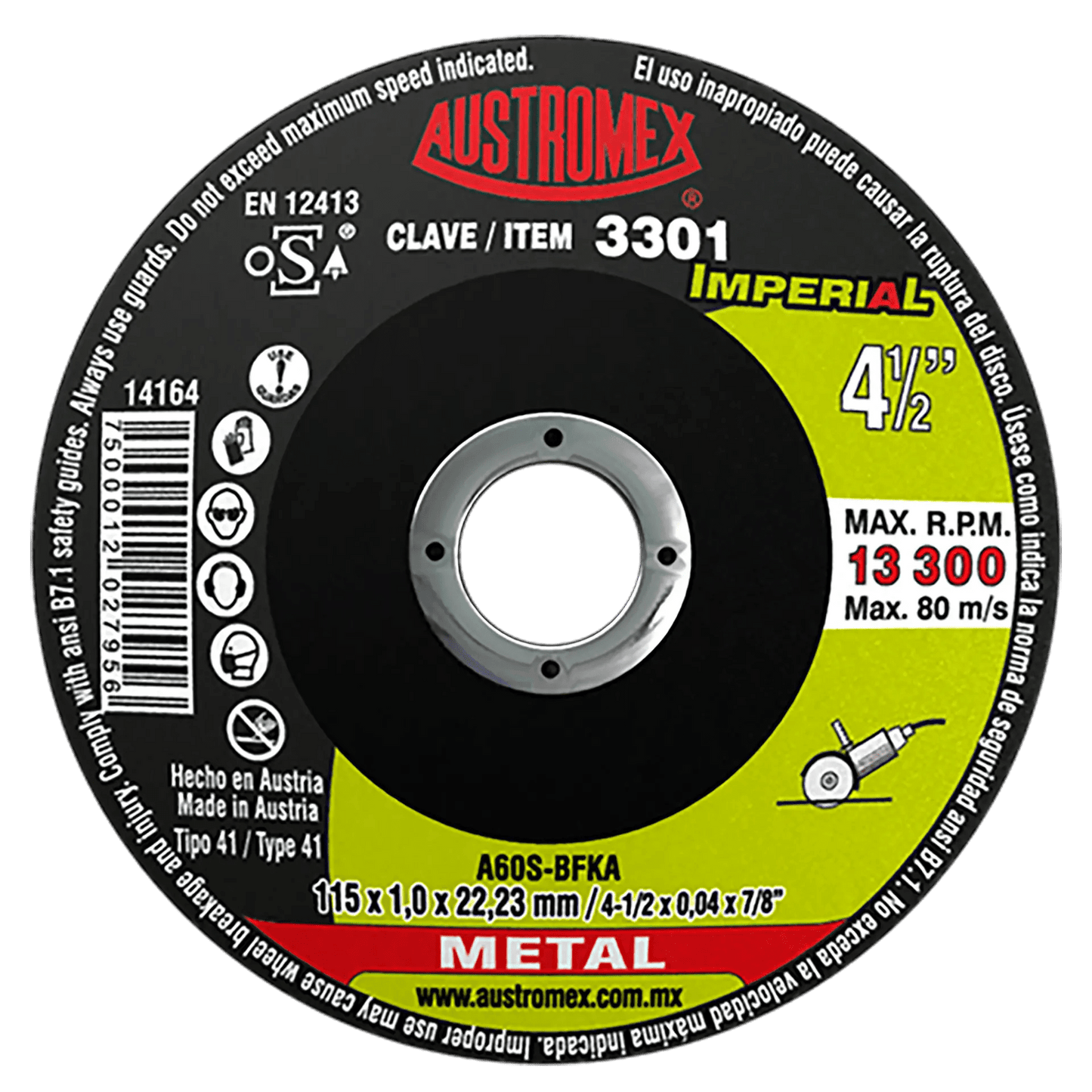 Disco abrasivo para corte de metal de 115 x 1.0 x 22.23 mm AUSTROMEX