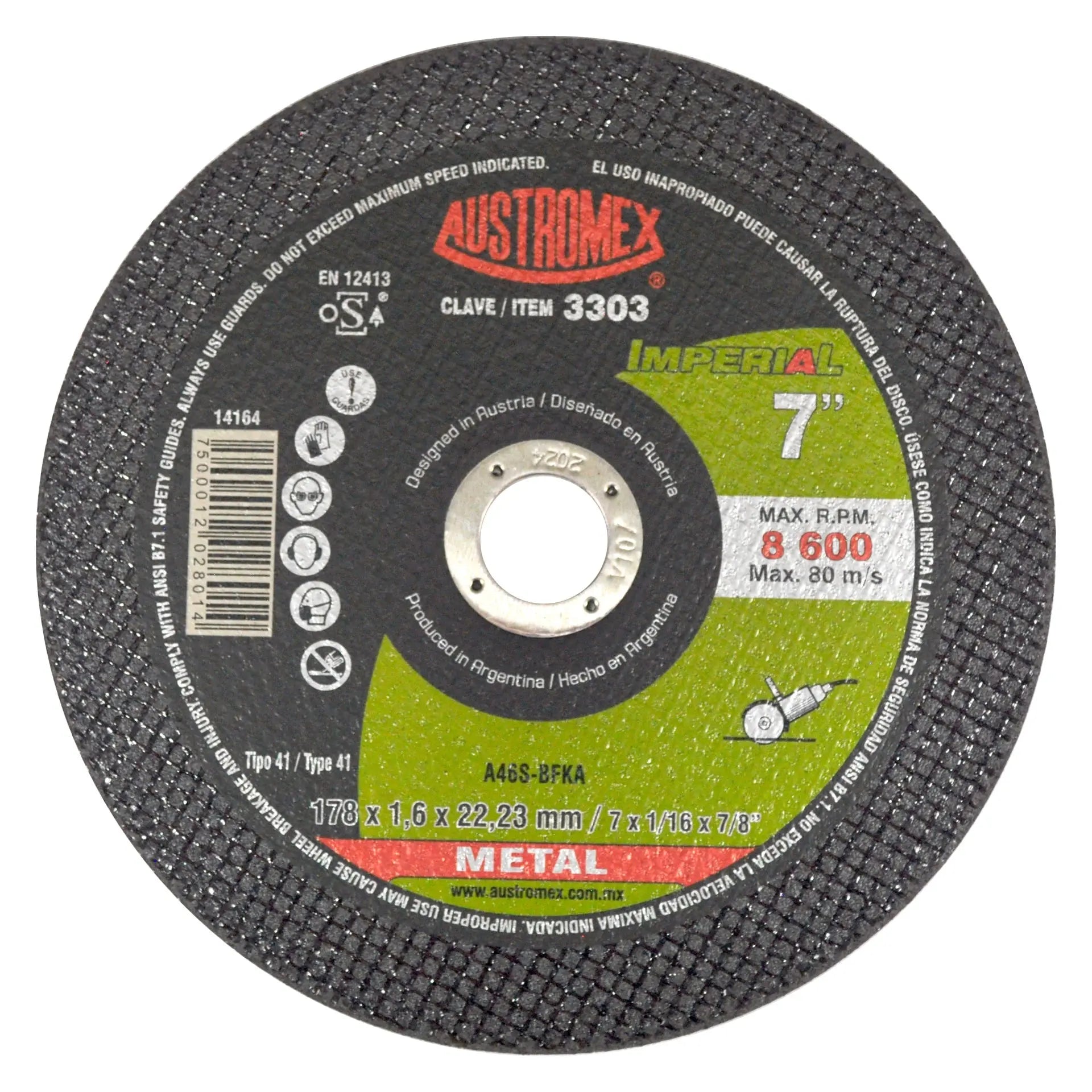 Disco abrasivo para corte de metal de 178 x 1.6 x 22.23 mm AUSTROMEX