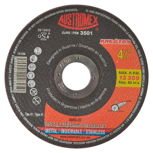 Disco abrasivo para corte de metal y acero inoxidable de 115 x 1.0 x 22.23 mm AUSTROMEX