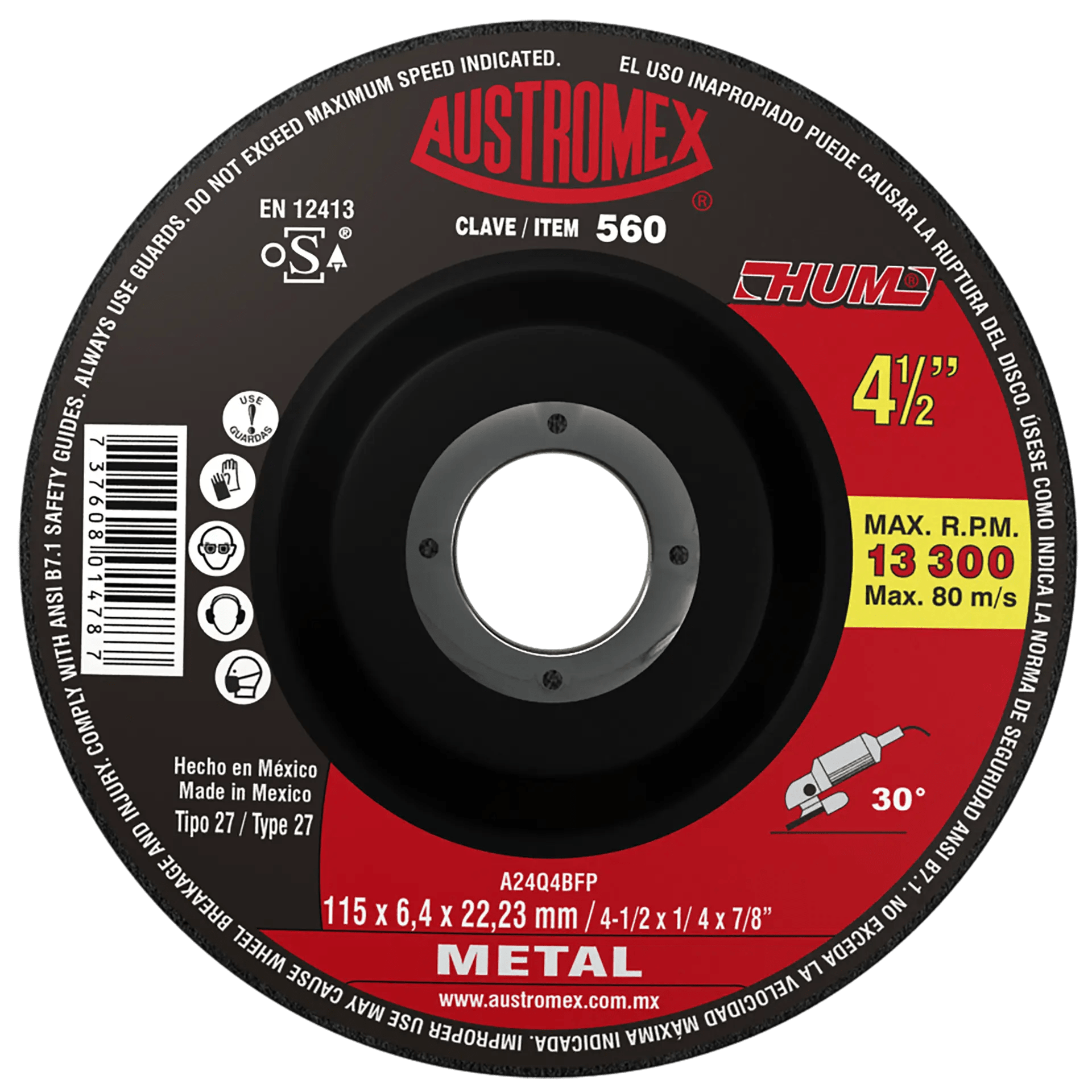 Disco abrasivo para desbaste de metal de 115 x 6.4 x 22.23 mm AUSTROMEX