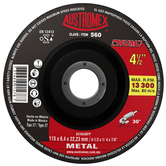 Disco abrasivo para desbaste de metal de 115 x 6.4 x 22.23 mm AUSTROMEX