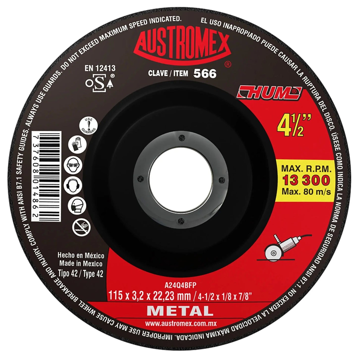 Disco abrasivo para corte de metal de 115 x 3.2 x 22.23 mm AUSTROMEX