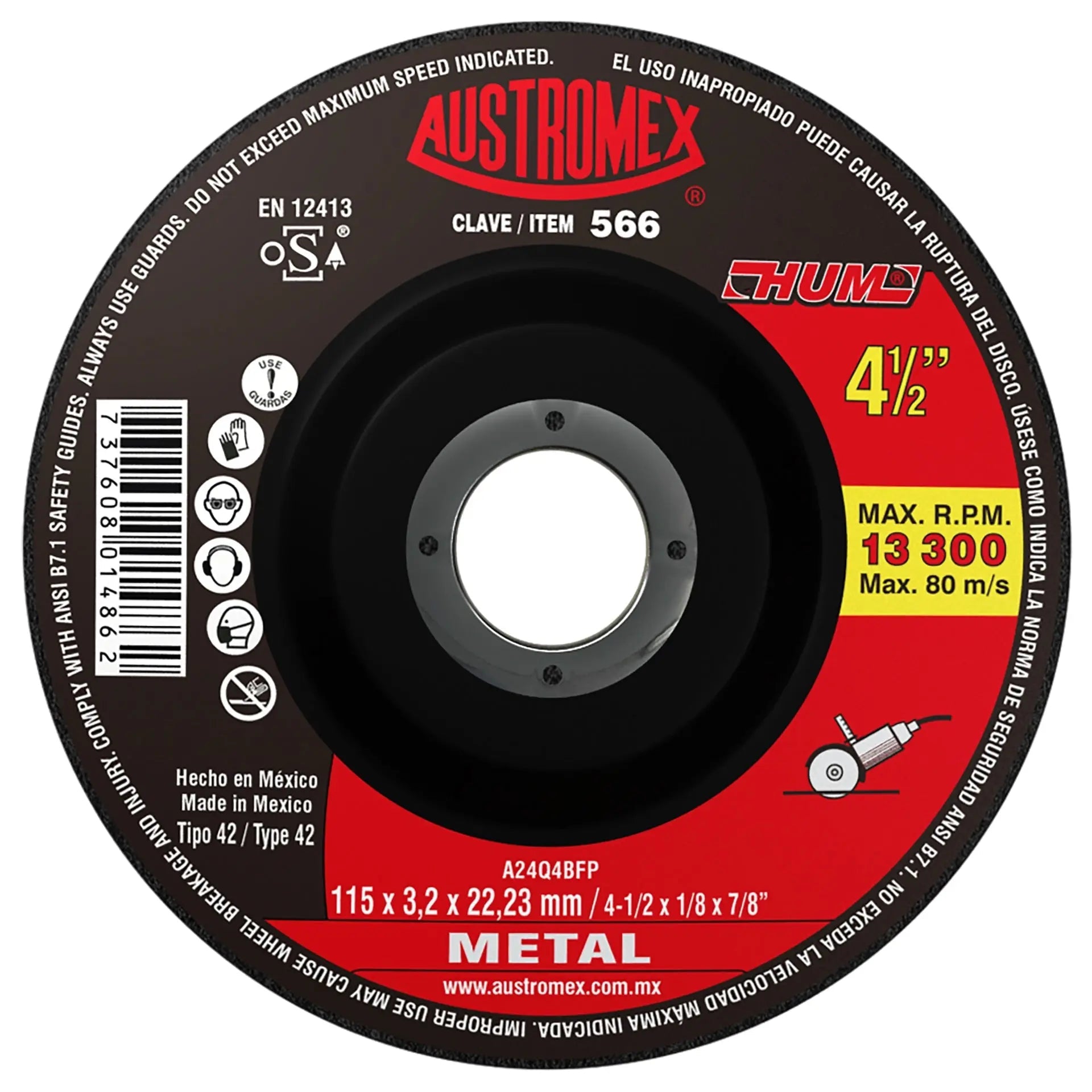 Disco abrasivo para corte de metal de 115 x 3.2 x 22.23 mm AUSTROMEX