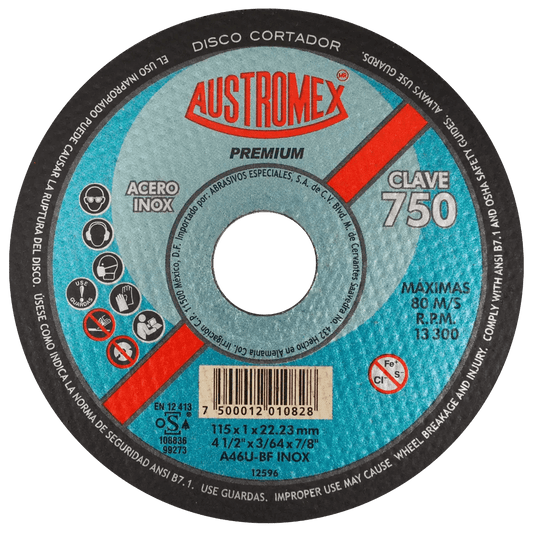 Disco abrasivo para corte de acero inoxidable de 115 x 1.0 x 22.23 mm AUSTROMEX