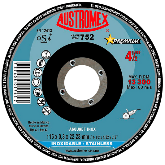 Disco abrasivo para corte de acero inoxidable de 115 x 0.8 x 22.23 mm AUSTROMEX