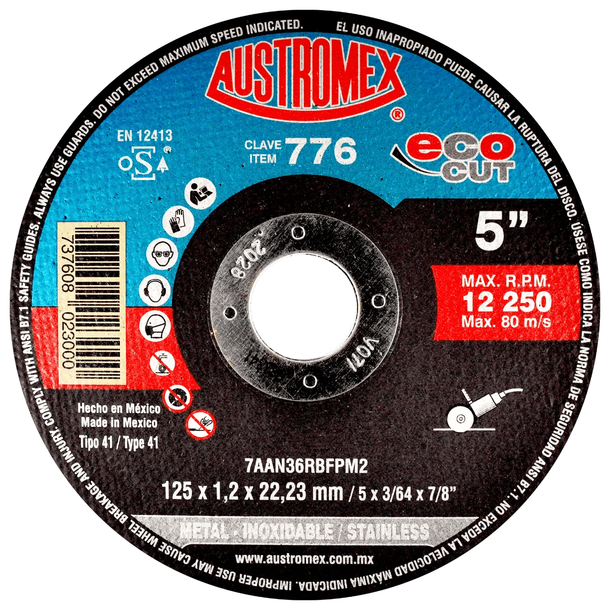 Disco abrasivo para corte de acero al carb¢n, inoxidable y metales de 125 x 1.2 x 22.23 mm AUSTROMEX