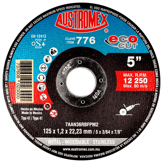 Disco abrasivo para corte de acero al carb¢n, inoxidable y metales de 125 x 1.2 x 22.23 mm AUSTROMEX