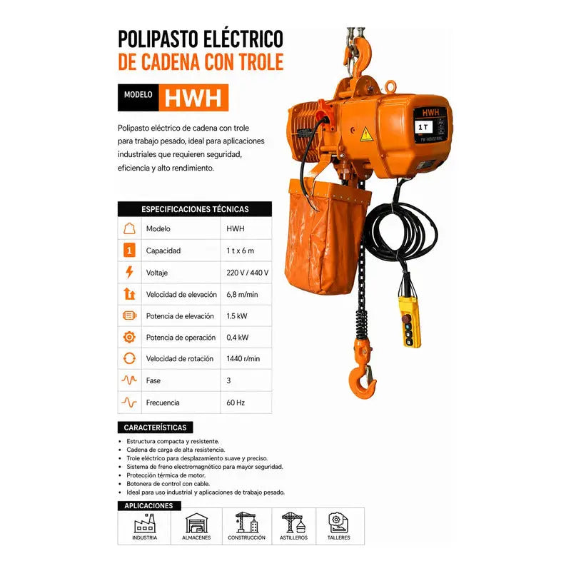 Polipasto Electrico De Cadena Con Gancho 1t/6m 220/440v 3f Naranja 1 PW INDUSTRIAL