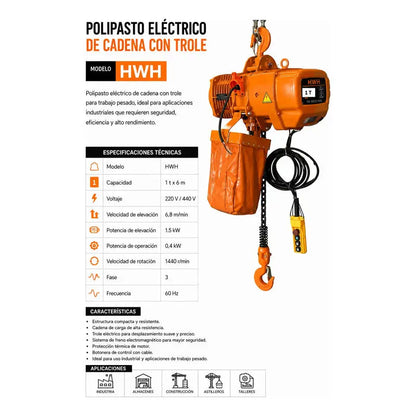 Polipasto Electrico De Cadena Con Gancho 1t/6m 220/440v 3f Naranja 1 PW INDUSTRIAL