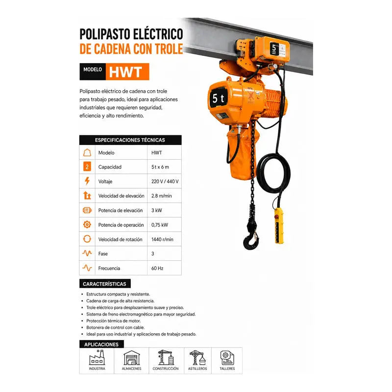 Polipasto Electrico De Cadena Con Trole 5t/6m 220/440v 3f Naranja 1 RLC INDUSTRIAL SUPPLY