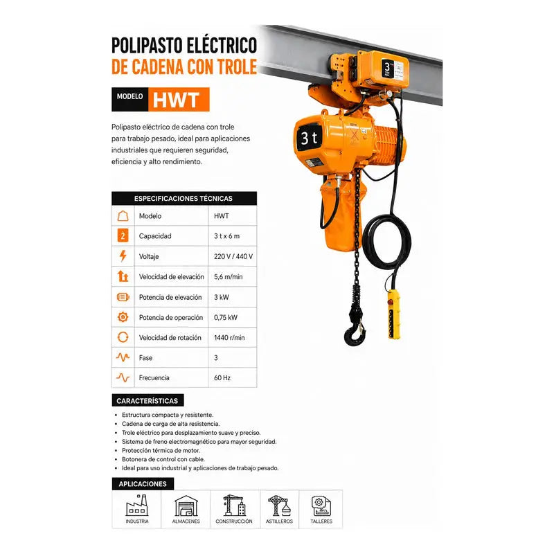 Polipasto Electrico De Cadena Con Trole 3t/6m 220/440v 3f Naranja 1 PW INDUSTRIAL