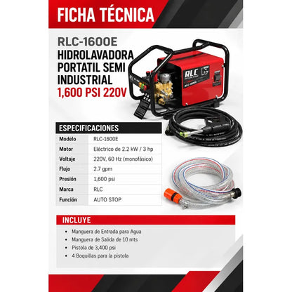 Hidrolavadora Portatil Semi Industrial 1,600 Psi 220v Rojo