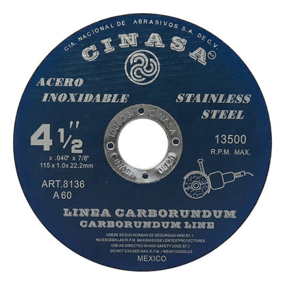 50 Discos Corte 41/2 Inoxidable Cinasa Carborundum 8136