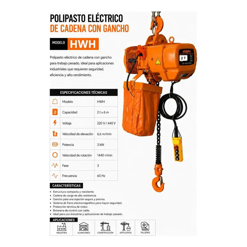 Polipasto Electrico De Cadena Con Gancho 2t/6m 220/440v 3f Naranja 1 PW INDUSTRIAL