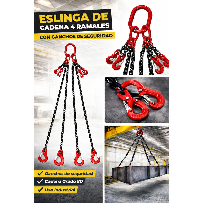Eslinga De Caden 4 Ramales Para Grua 1/4 X 8 Pies Grado 80 Negro