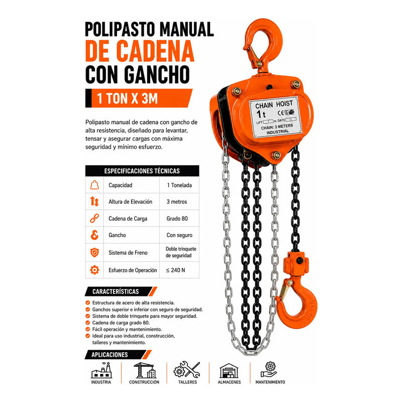 Polipasto Manual De Cadena Con Gancho 1 Ton X 3m