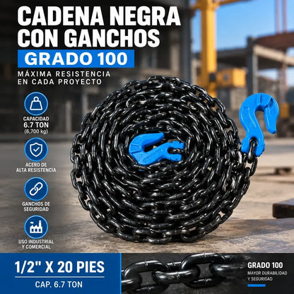 Cadena Negra Con Ganchos 1/2 X 20 Pies Grado 100 Cap. 6.7t Negro