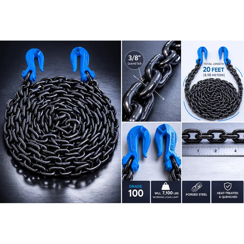 Cadena Negra Con Ganchos 3/8 X 20 Pies Grado 100 Negro