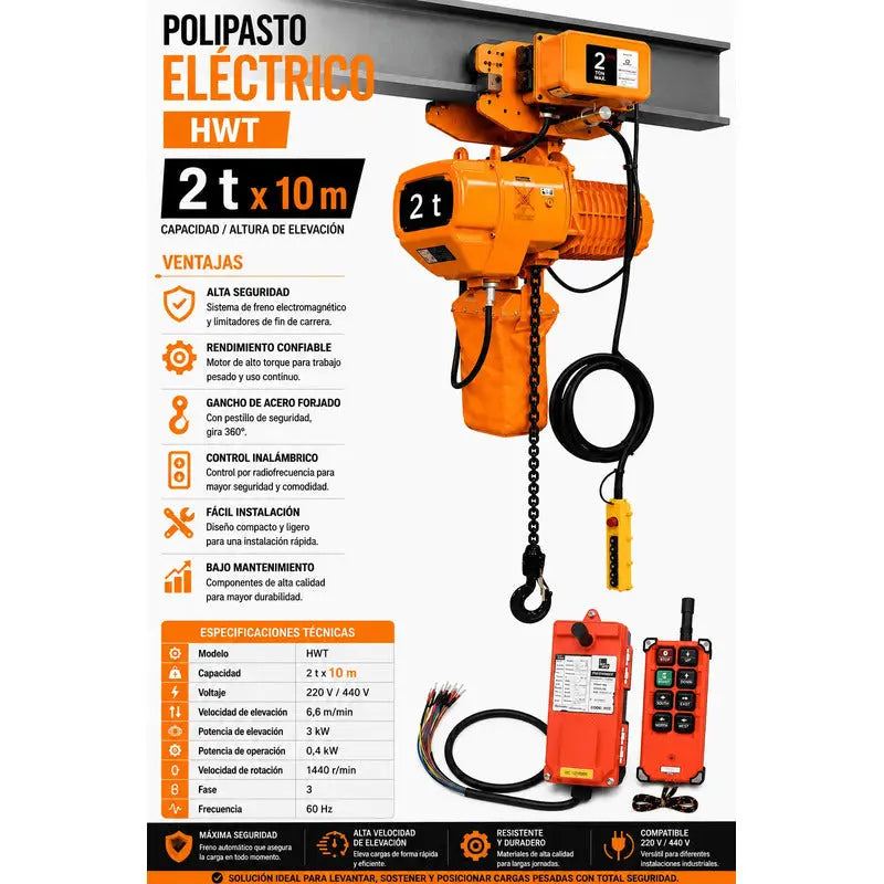 Polipasto Elec. De Cadena Con Trole Wireless 2t/10m 220/440v Naranja 1 PW INDUSTRIAL