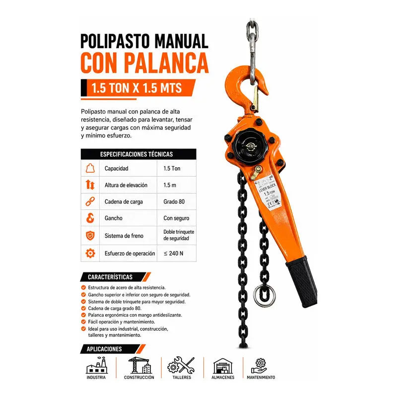 Polipasto Manual Con Palanca 1.5 Ton X 1.5 Mts PW INDUSTRIAL