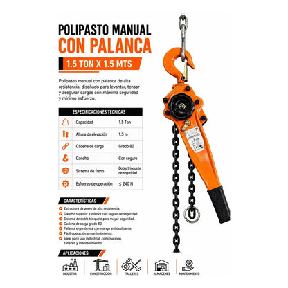 Polipasto Manual Con Palanca 1.5 Ton X 1.5 Mts PW INDUSTRIAL