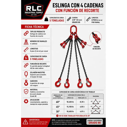 Cadena De 3/8 De 4 Ramales Con Funcion De Recorte 8 Pies Negro PW INDUSTRIAL
