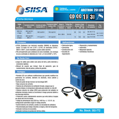 Soldadora Inverter Infra Arctron 251 Lcd 30-250amp 50-60hz Azul Acero INFRA