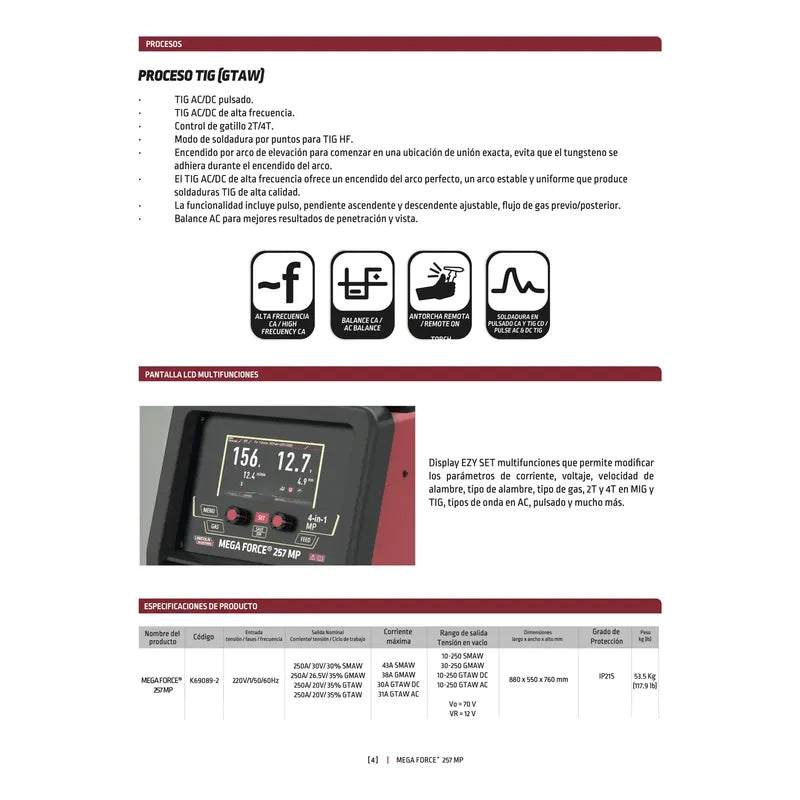 Maquina Para Soldar Multiprocesos Mega Force 257 Mp 220v Rojo