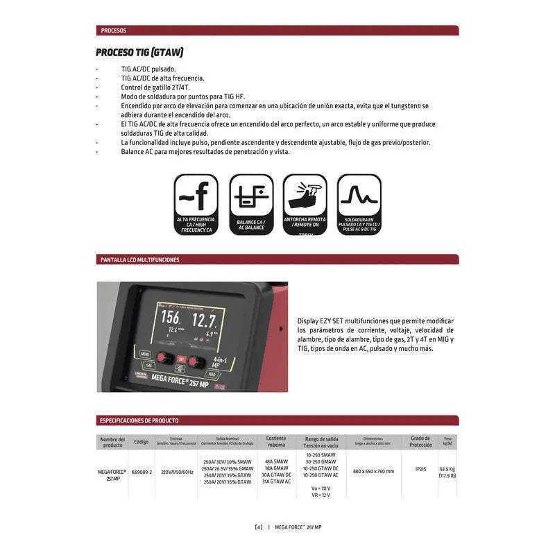 Maquina Para Soldar Multiprocesos Mega Force 257 Mp 220v Rojo LINCOLN ELECTRIC