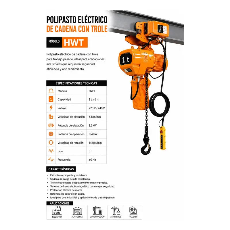 Polipasto Electrico De Cadena Con Trole 1t/6m 220/440v 3f Naranja 1 PW INDUSTRIAL