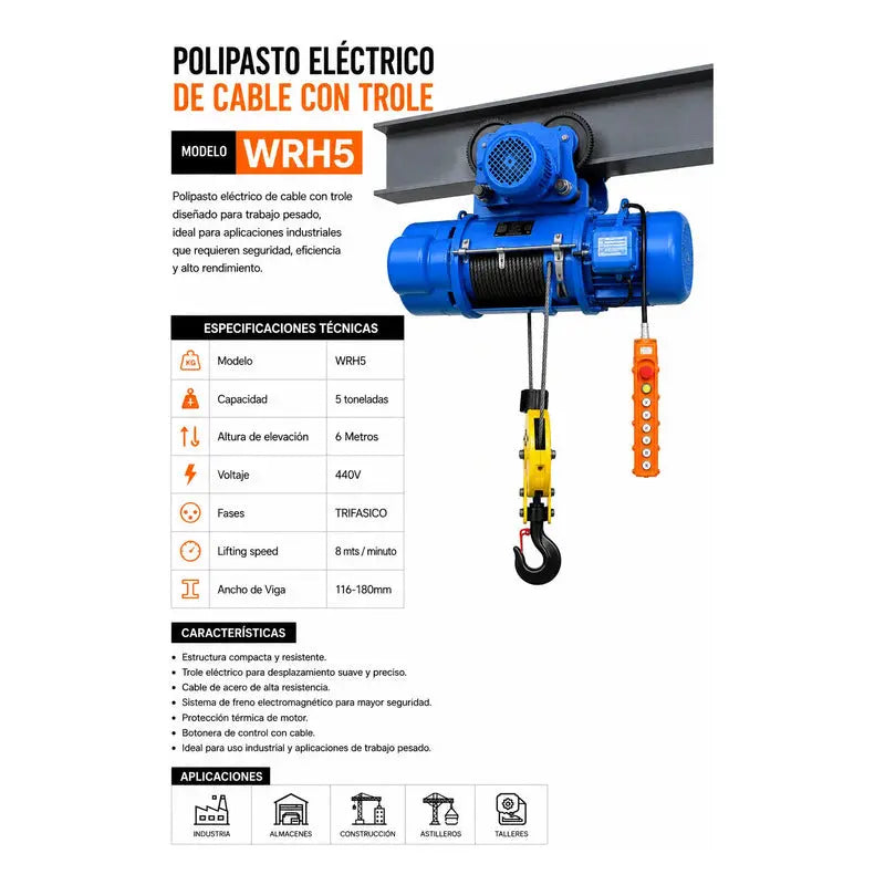 Polipasto Electrico De Cable 5 Toneladas Con 6 Metros, 440v Azul 1 PW INDUSTRIAL