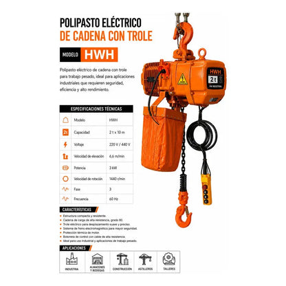 Polipasto Electrico De Cadena Con Gancho 2t/10m 220/440v 3f Naranja 1 PW INDUSTRIAL