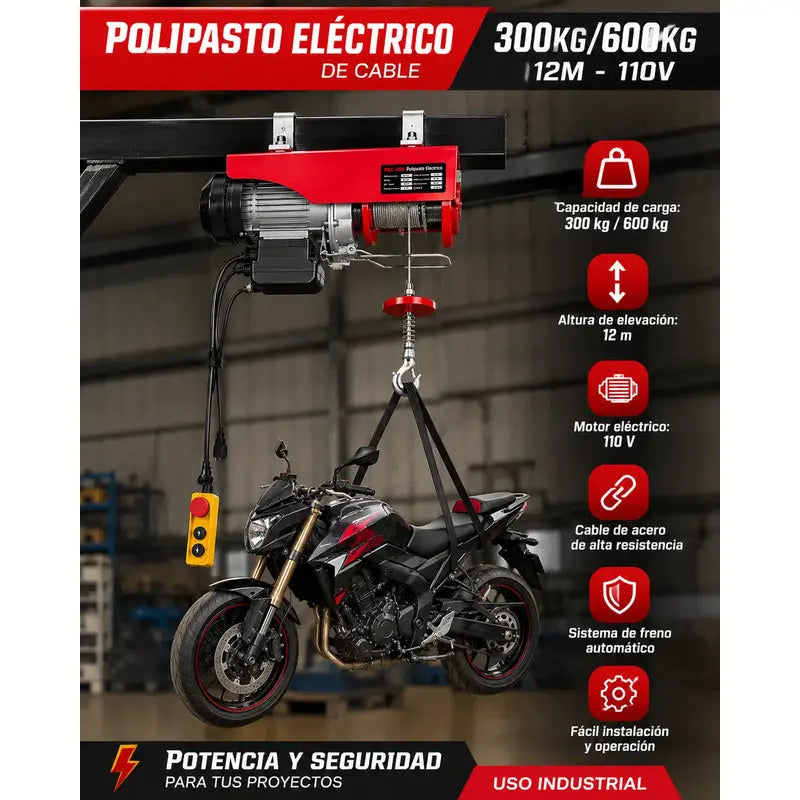 Polipasto Eléctrico De Carga De 300kg/600kg 12m 110v Rojo 2 PW INDUSTRIAL