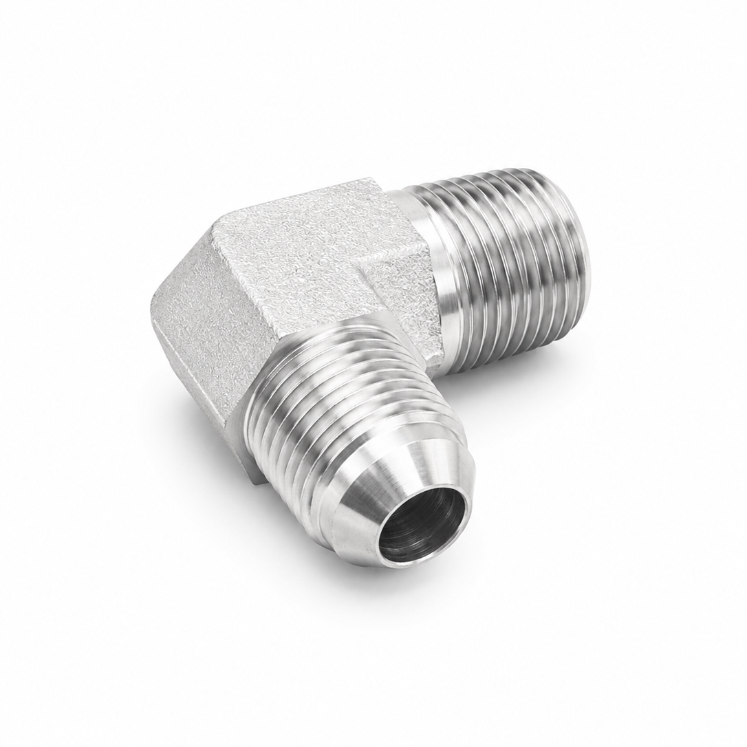 Adaptador Codo 90° JIC 37° Macho 1" a NPT Macho 3/4" Hidraulico